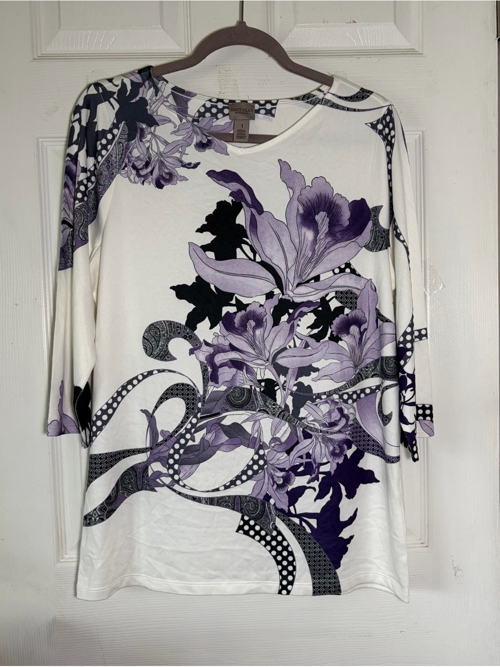 Chico's White Long Sleeve Top with Purple Floral Print‎
